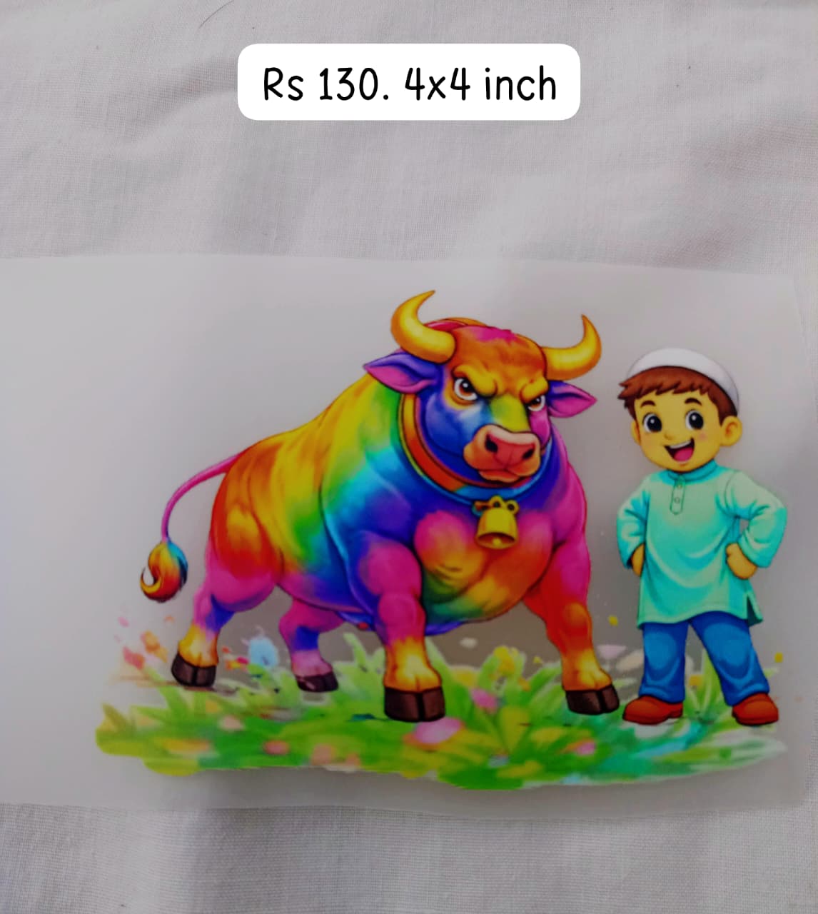 ANGRY BULL WITH HAPPY BOY - IRON ON DTF STICKER 4X4 INCH
