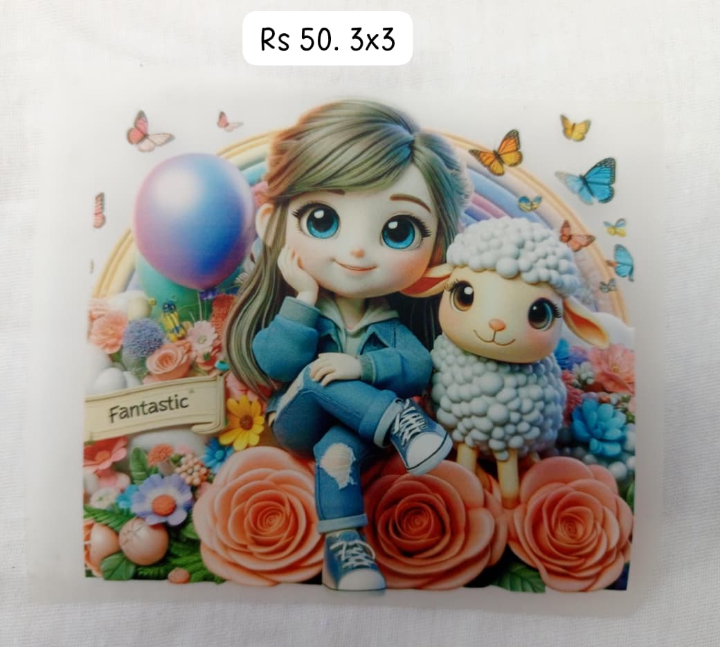 CUTE DOLL WITH ROSES AND SHEEPS - IRON ON DTF STICKER 3X3 INCH