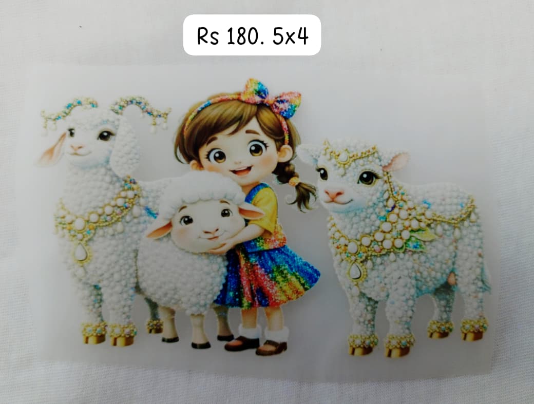 DOLL PLAYING WITH SHEEPS - IRON ON DTF STICKER 4X4 INCH