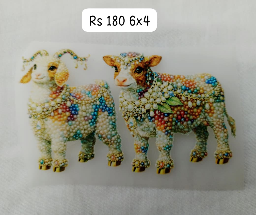 PREMIUM WHITE DECORATED GOATS PATCH - IRON ON DTF STICKER 6X4 INCH