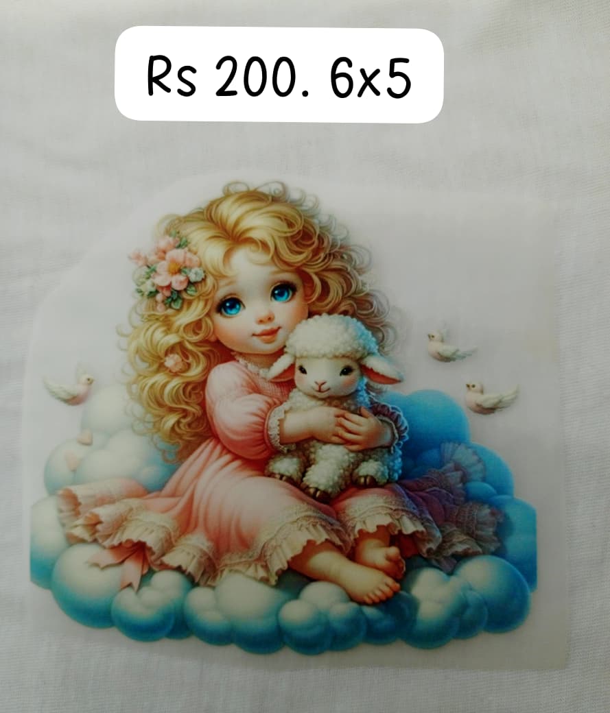 PREMIUM BARBIE LITTLE DOLL WITH HIS SHEEP ON CLOUDS BIG SIZE - IRON ON DTF STICKER 6X5 INCH