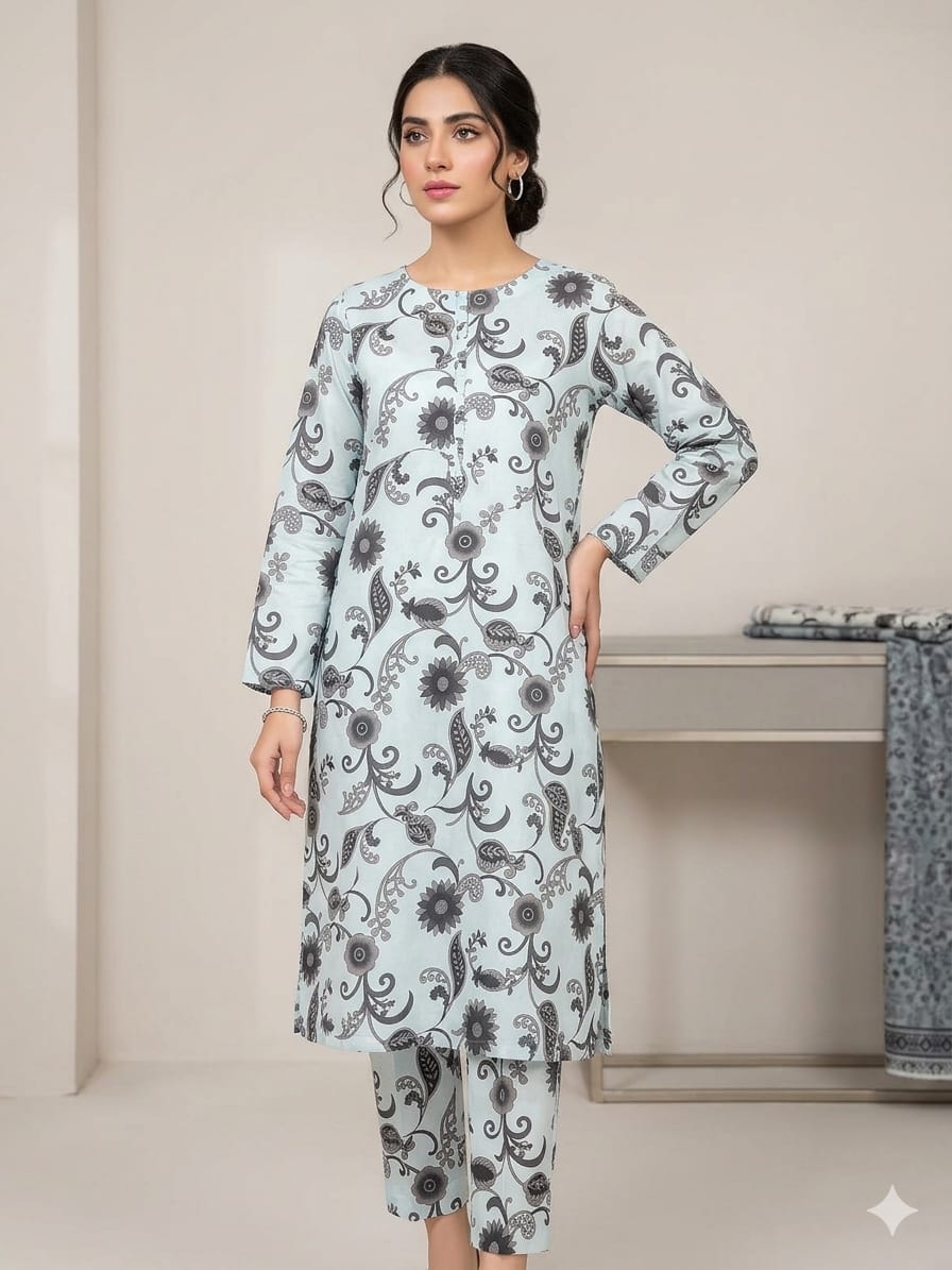 2PCS (SHIRT + TROUSER) UNSTITCH DIGITAL LAWN - WHITE + GREY