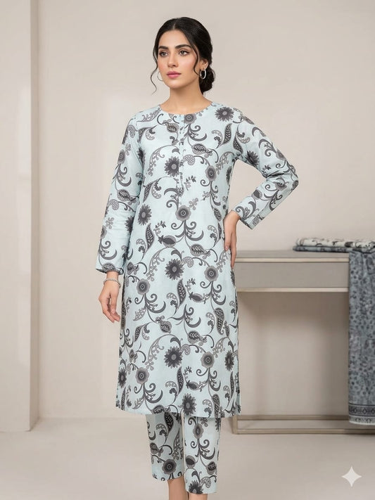 2PCS (SHIRT + TROUSER) UNSTITCH DIGITAL LAWN - WHITE + GREY