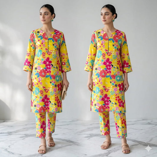 2PCS (SHIRT + TROUSER) UNSTITCH DIGITAL LAWN - YELLOW + PINK