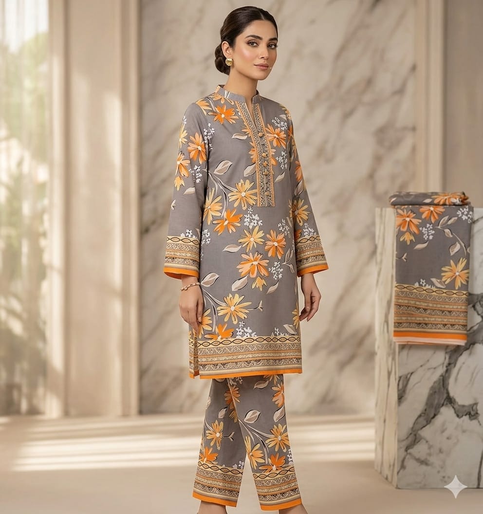 2PCS (SHIRT + TROUSER) UNSTITCH DIGITAL LAWN - GREY + ORANGE