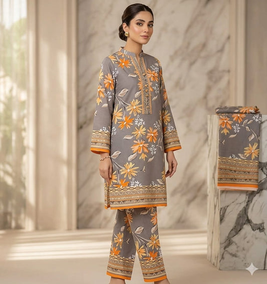 2PCS (SHIRT + TROUSER) UNSTITCH DIGITAL LAWN - GREY + ORANGE