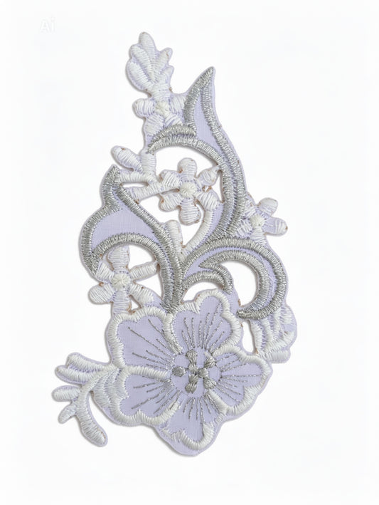IRON ON EMBROIDERED FLOWER PATCH GREY COLOR