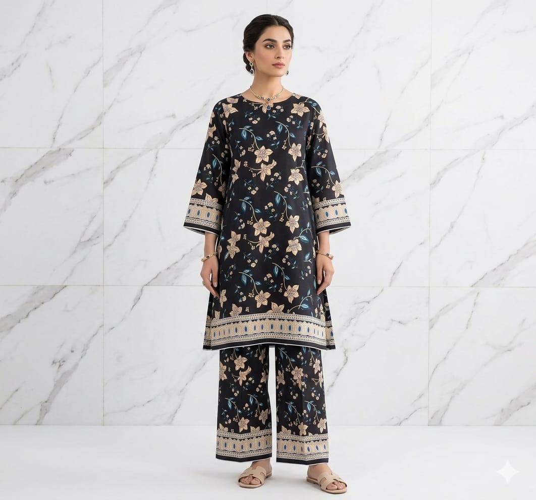 2PCS (SHIRT + TROUSER) UNSTITCH DIGITAL LAWN - BLACK + CREAM