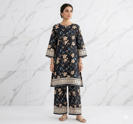 2PCS (SHIRT + TROUSER) UNSTITCH DIGITAL LAWN - BLACK + CREAM
