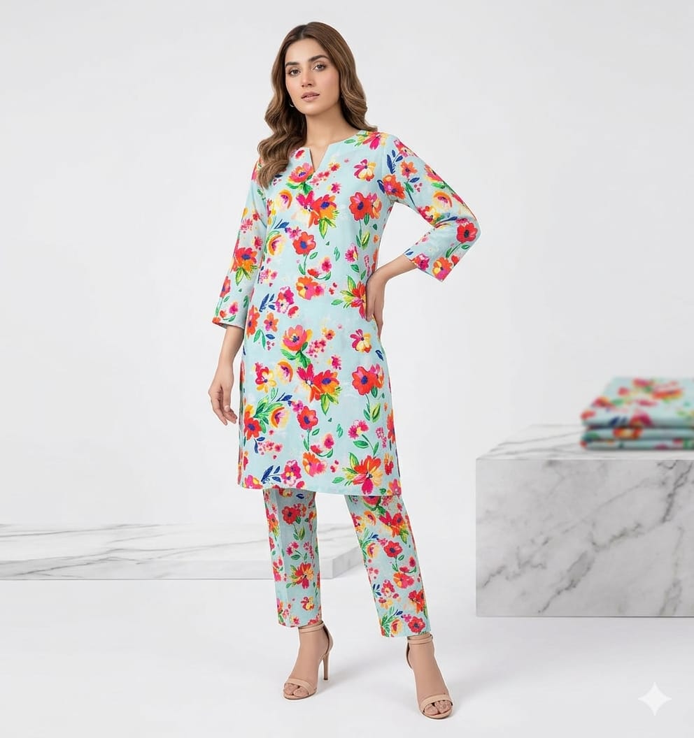 2PCS (SHIRT + TROUSER) UNSTITCH DIGITAL LAWN - SKY + PINK