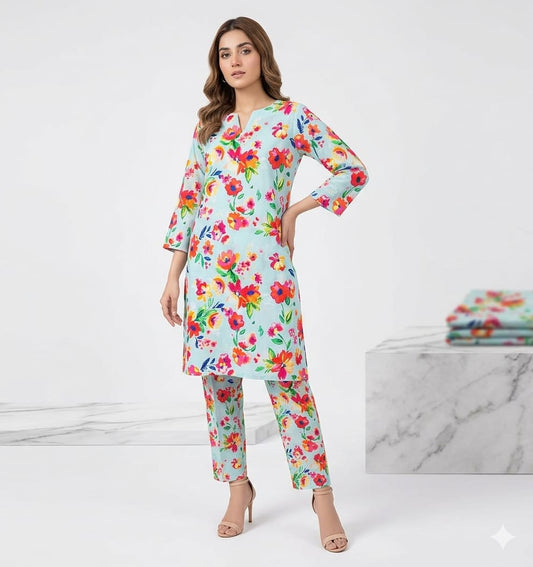 2PCS (SHIRT + TROUSER) UNSTITCH DIGITAL LAWN - SKY + PINK