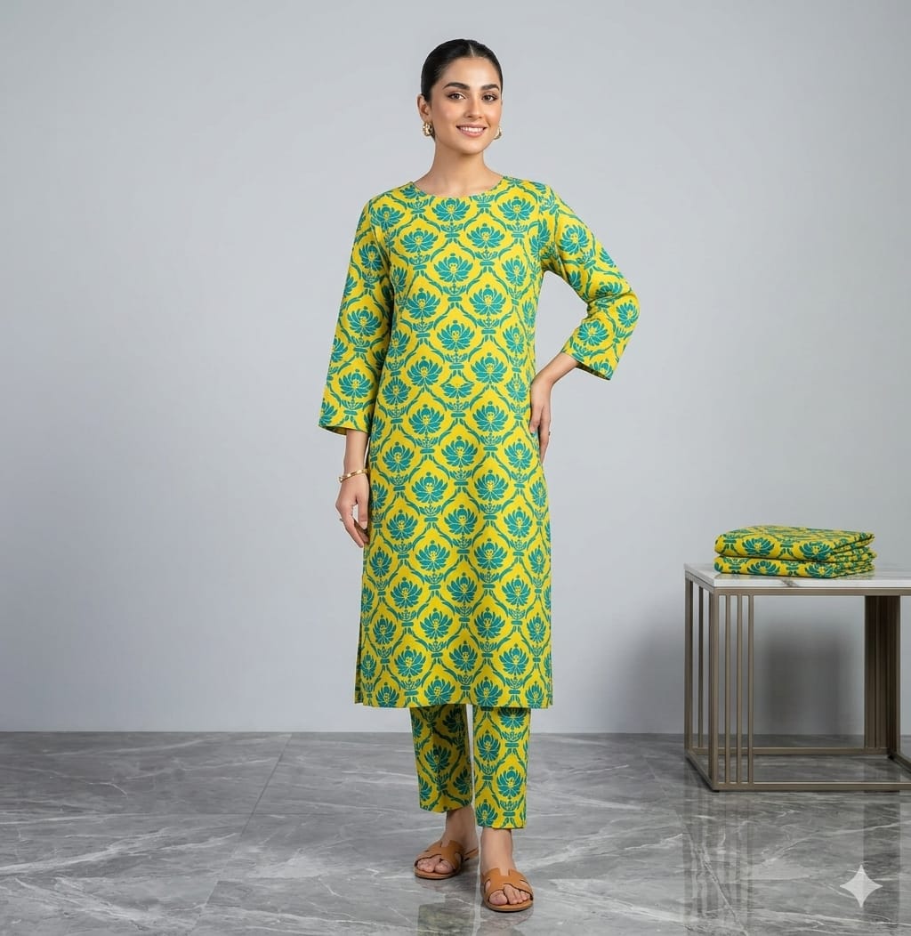 2PCS (SHIRT + TROUSER) UNSTITCH DIGITAL LAWN - GREEN + YELLOW