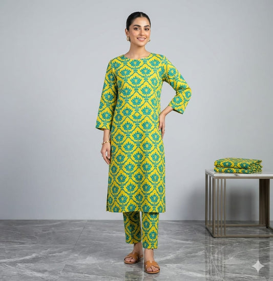 2PCS (SHIRT + TROUSER) UNSTITCH DIGITAL LAWN - GREEN + YELLOW