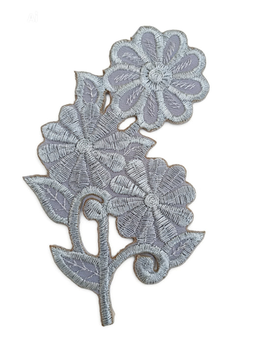 IRON ON EMBROIDERED FLOWER PATCH GREY COLOR