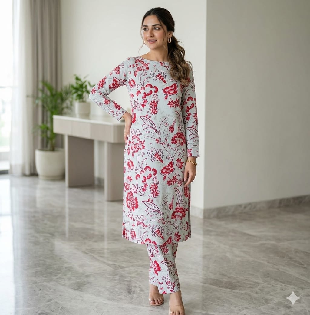 2PCS (SHIRT + TROUSER) UNSTITCH DIGITAL LAWN - WHITE + RED