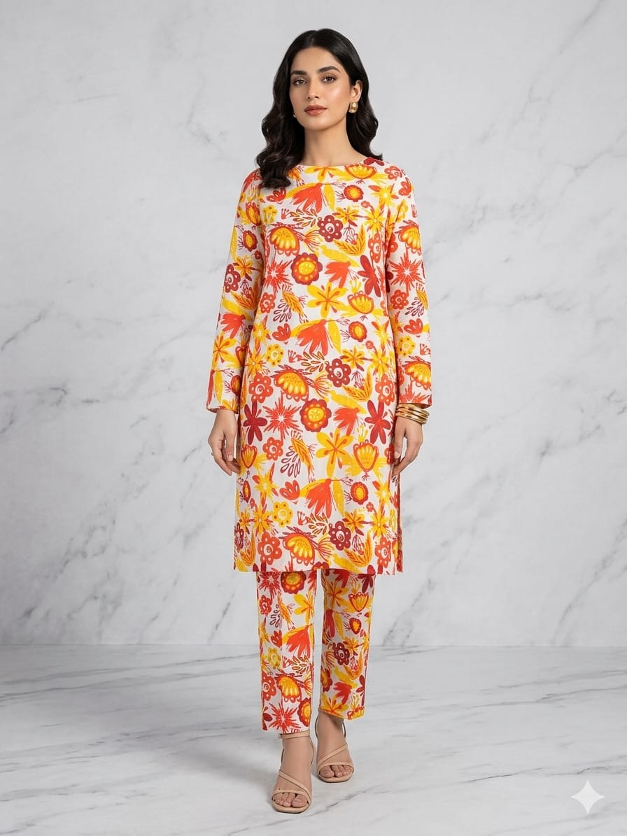 2PCS (SHIRT + TROUSER) UNSTITCH DIGITAL LAWN - ORANGE + YELLOW