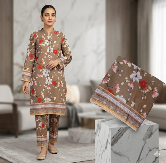 2PCS (SHIRT + TROUSER) UNSTITCH DIGITAL LAWN - LIGHT BROWN