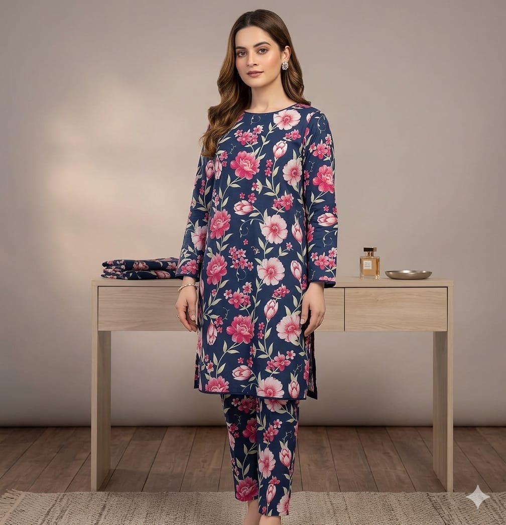 2PCS (SHIRT + TROUSER) UNSTITCH DIGITAL LAWN - BLUE + PINK