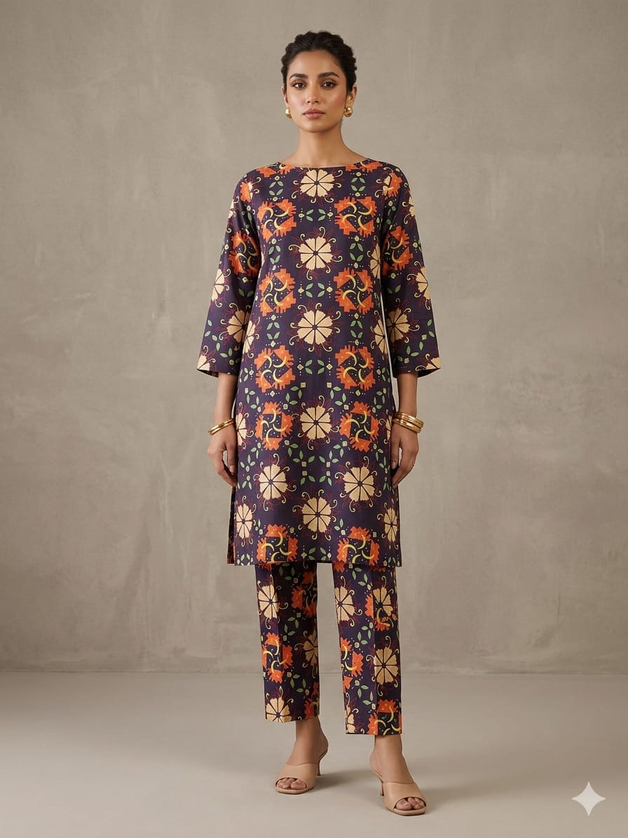 2PCS (SHIRT + TROUSER) UNSTITCH DIGITAL LAWN - PURPLE + ORANGE