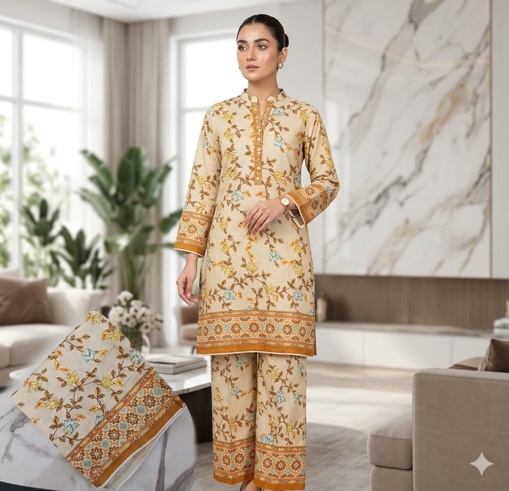 2PCS (SHIRT + TROUSER) UNSTITCH DIGITAL LAWN - CREAM