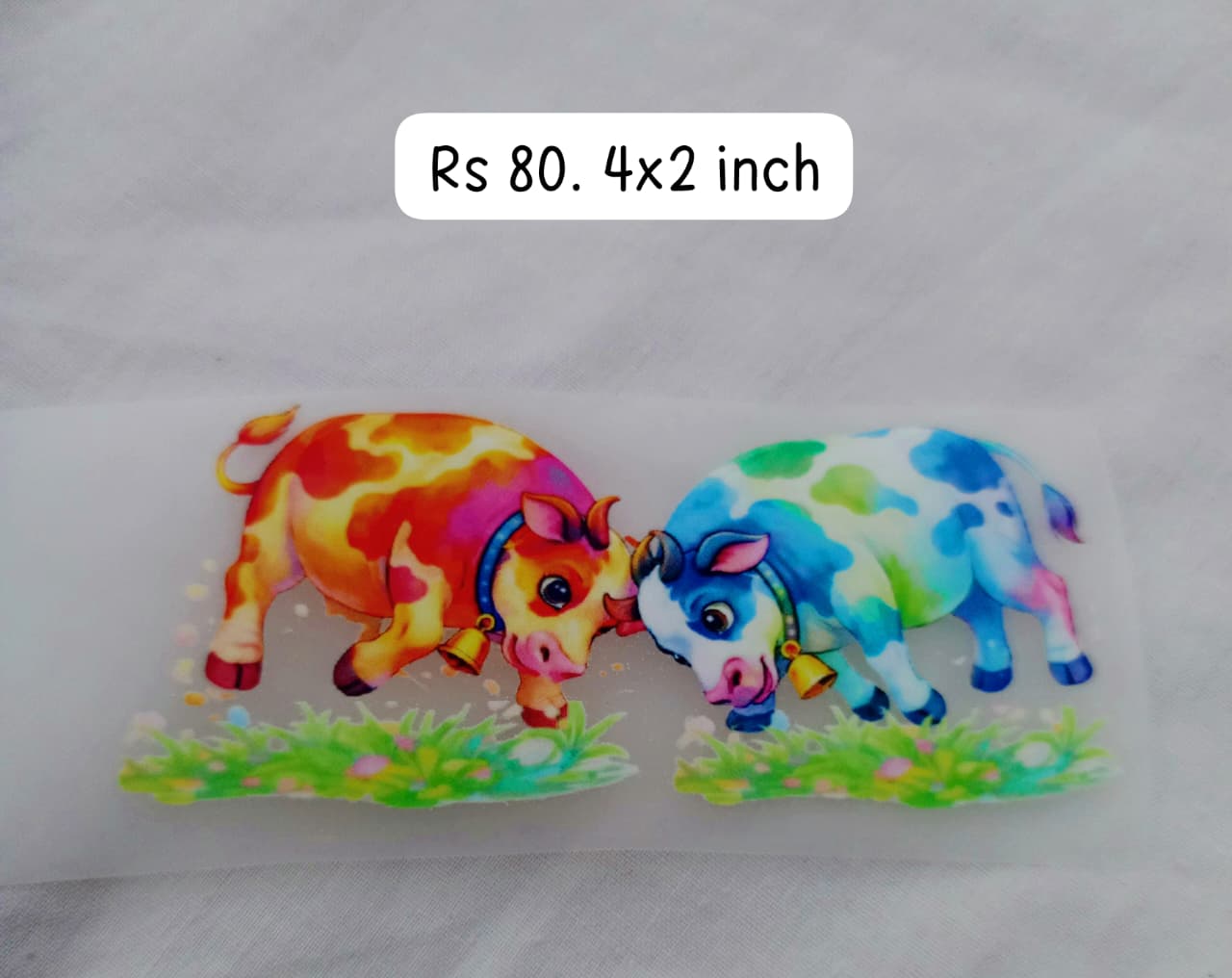 Bulls fighting red + blue - iron on DTD sticker size 4x2 inch