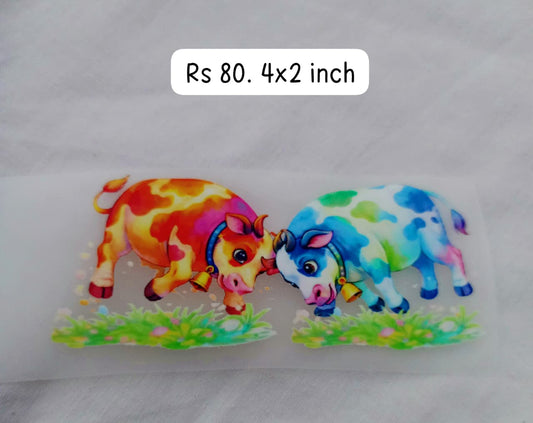 Bulls fighting red + blue - iron on DTD sticker size 4x2 inch