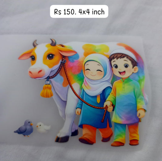 BABY GIRL + BABY BOY WITH A COW - IRON ON DTF STICKER 4X4 INCH