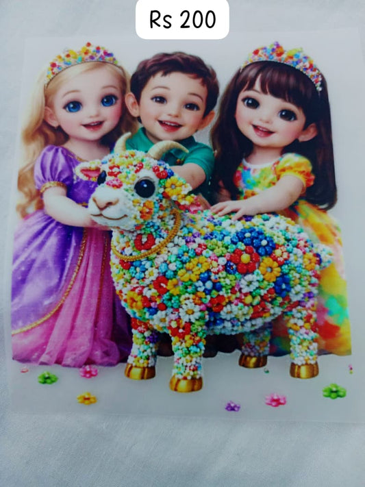 THREE BABIES PLAYING WITH BABY GOAT COLORFUL - IRON ON DTF STICKER 5X5 INCH