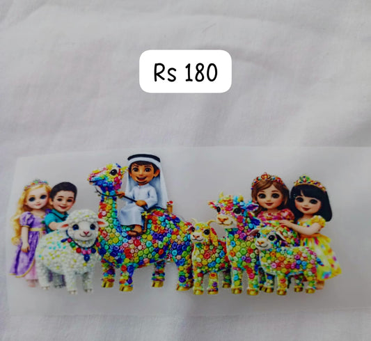 KIDS PLAYING WITH CAMEL & SHEEPS - IRON ON DTF STICKER 6X4 INCH