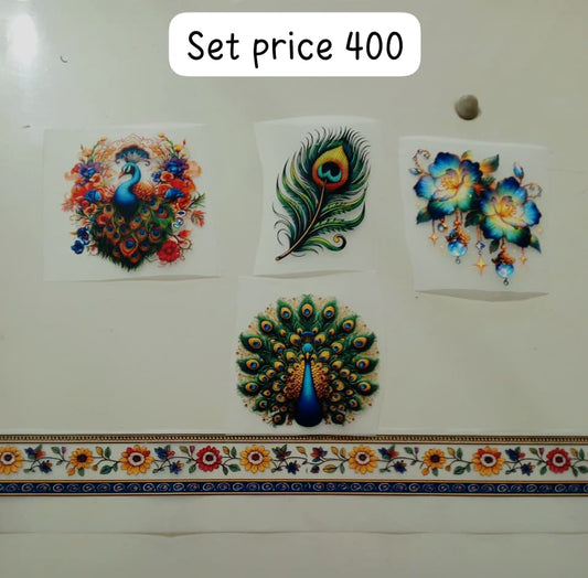 PEACOCKS & FLOWER WITH BORDER SET - IRON ON DTF STICKER 4X4 INCH