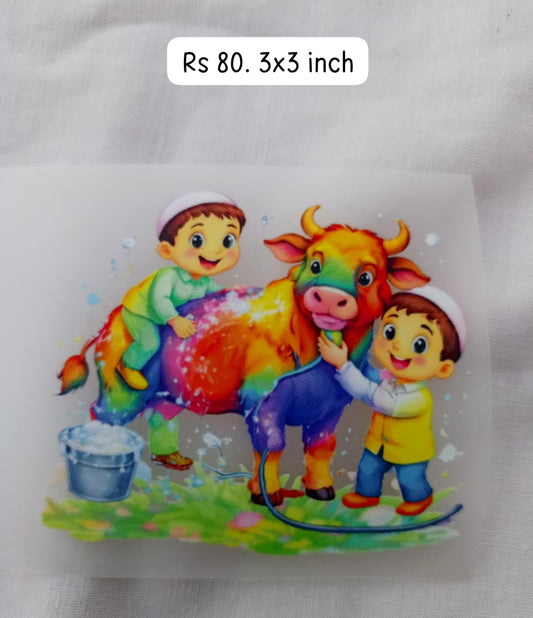 TWO BOYS WASHING BULL - IRON ON DTF STICKER 3X3 INCH
