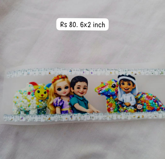 KIDS PLAYING WITH SHEEP & CAMEL - IRON ON DTF STICKER 6X2 INCH