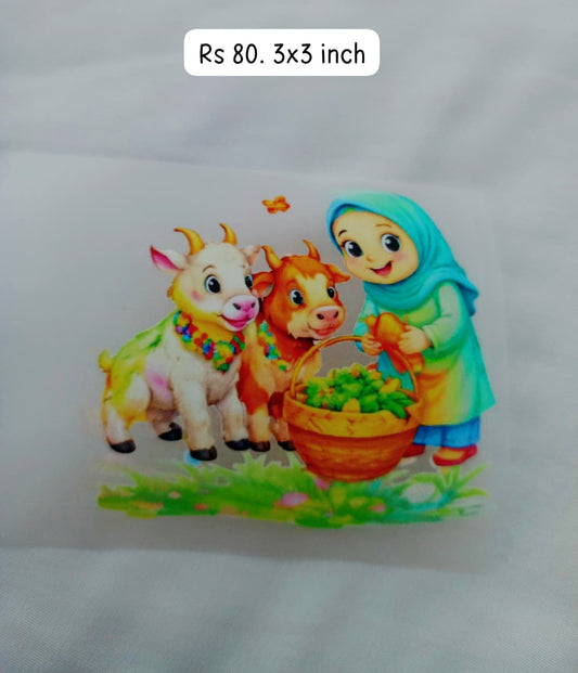 GIRL FEEDING GOATS- IRON ON DTF STICKER 3X3 INCH