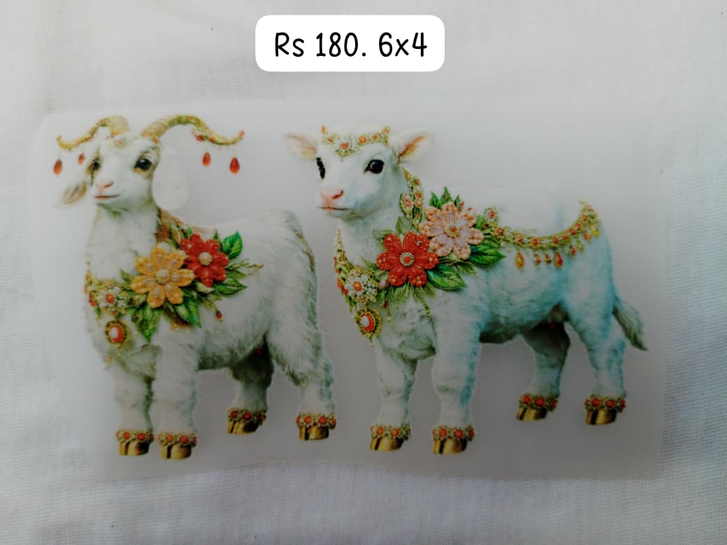 2 WHITE GOATS DECORATED WITH FLOWERS - IRON ON DTF STICKER 6X4 INCH