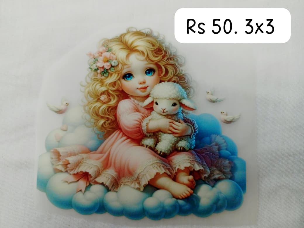FAIRY DOLL WITH SHEEP SITTTING ON CLOUD SMALL - IRON ON DTF STICKER 3X3 INCH