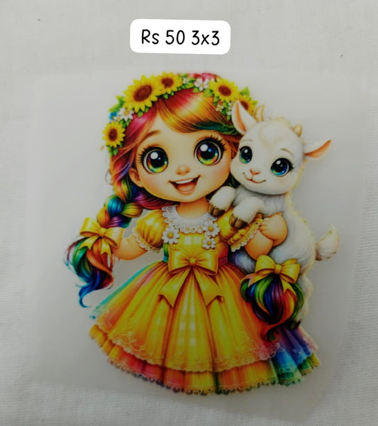 CUTE SMALL DOLL WITH BABY SHEEP- IRON ON DTF STICKER 3X3 INCH