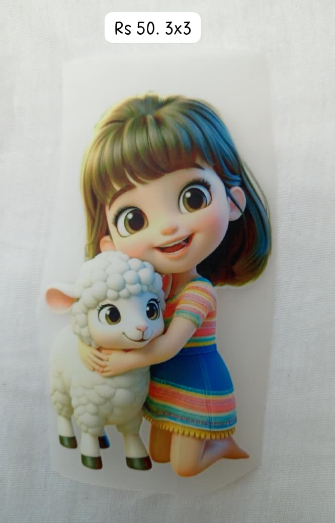 DOLL WITH SHEEP SMALL - IRON ON DTF STICKER 3X3 INCH