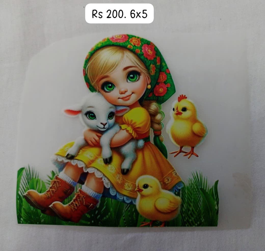 CUTE DOLL WITH SHEEP AND HENS - IRON ON DTF STICKER 6X5 INCH
