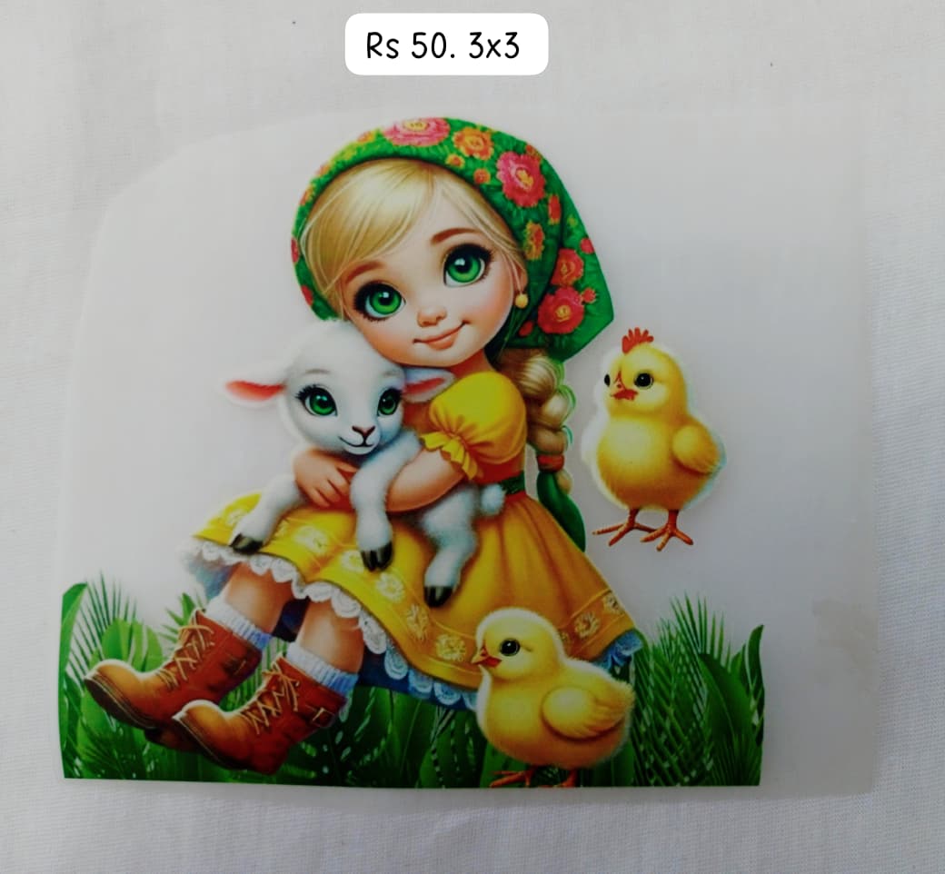 CUTE DOLL WITH SHEEP AND HEN SMALL  - IRON ON DTF STICKER 3X3 INCH