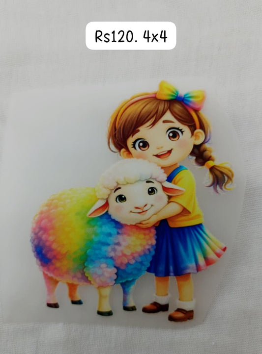 MULTI COLOR DOLL WITH HER SHEEP - IRON ON DTF STICKER 4X4 INCH