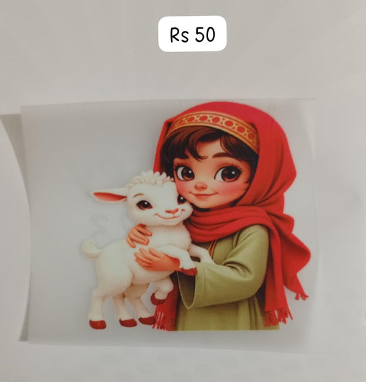 RED SCARF GIRL WITH SHEEP  - IRON ON DTF STICKER 3X3 INCH