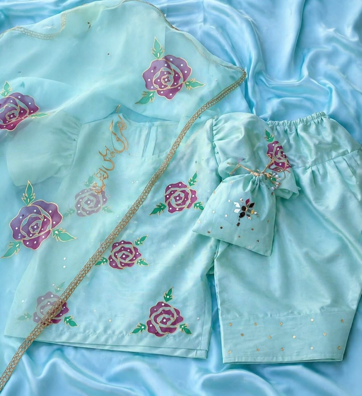 Dua Kids Collection – Hand Painted Cotton/Silk 4 Piece Suit