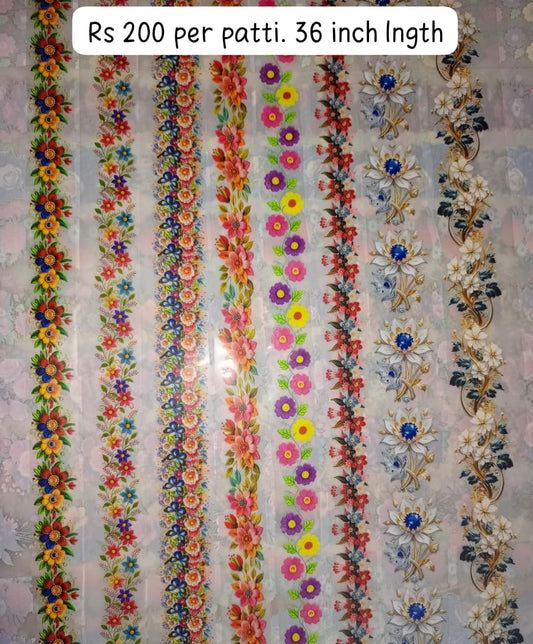 Flowers border patti iron on trending designs for girls 36 inch length 3 inch height per patti only 200 (mention patti number left to right while ordering)