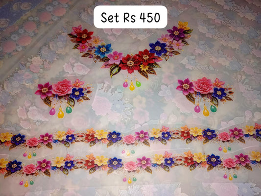 Multi color flowers neck + sleeve + border patch for girls